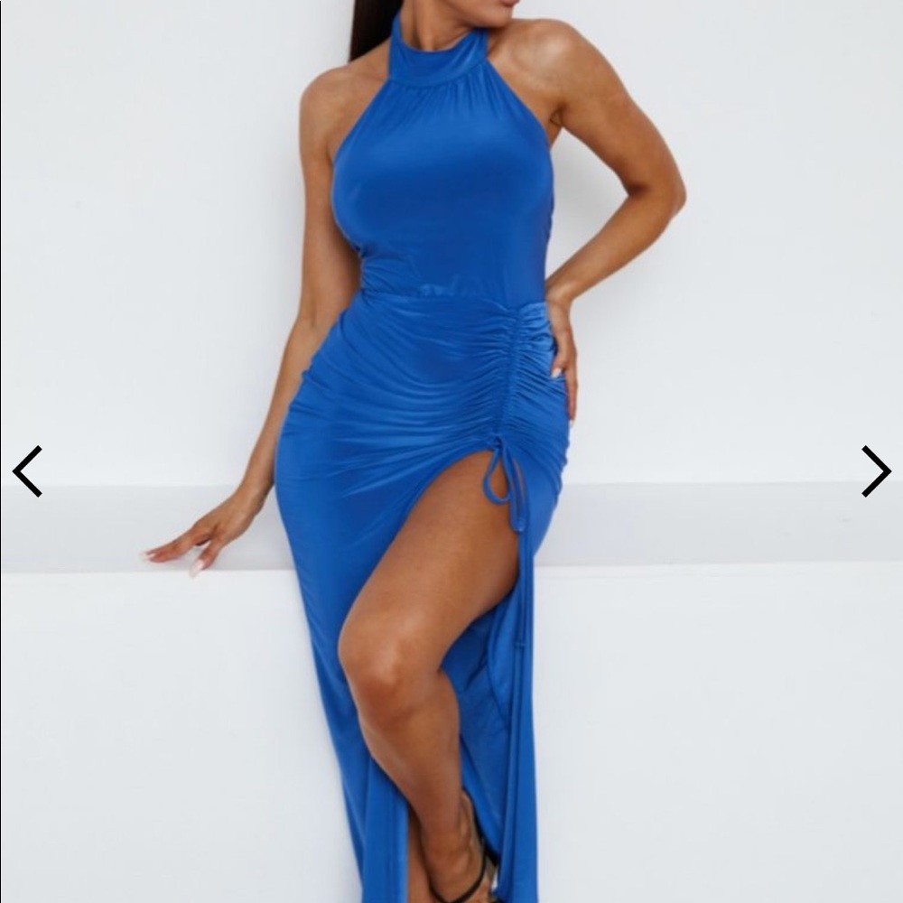 Royal Blue Slinky High Neck Sleeveless Ruched Split Maxi Dress